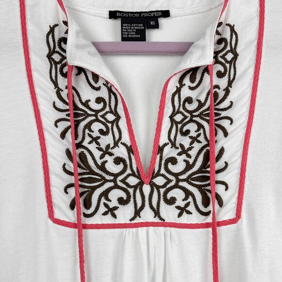 Boston Proper | White Top | Embroidered Tie Blouse | Size XS - Picture 4 of 12